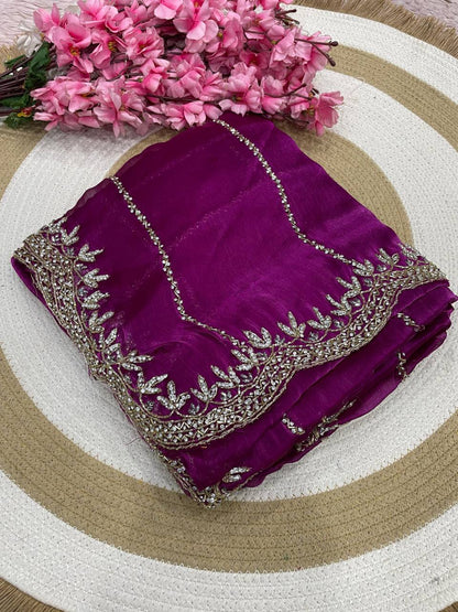 Burberry Chiffon Khatli Handwork Saree Set