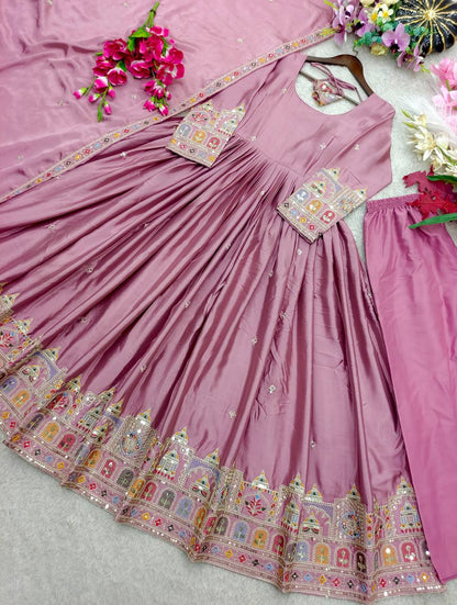 Chinon Silk 5mm Sequence Embroidery Work Gown Set
