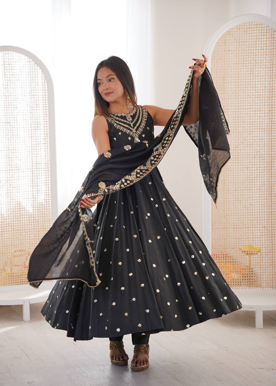 Beautiful Premium Roman Silk With Heavy Embroidery Sequence Work Gown Set