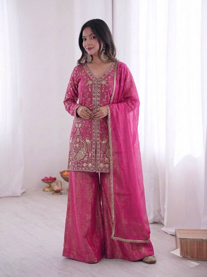 Beautiful Soft Rich Pure Fendy Silk Embroidery Sequence Work Plazzo Set