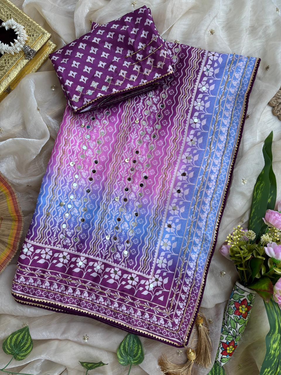 Chinon Silk Mirror Work Saree Set