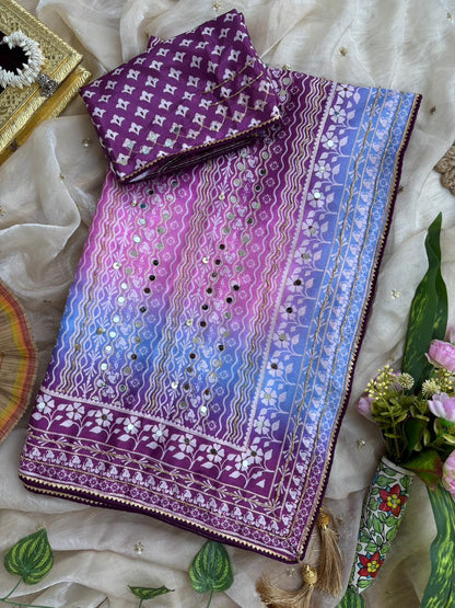 Chinon Silk Mirror Work Saree Set