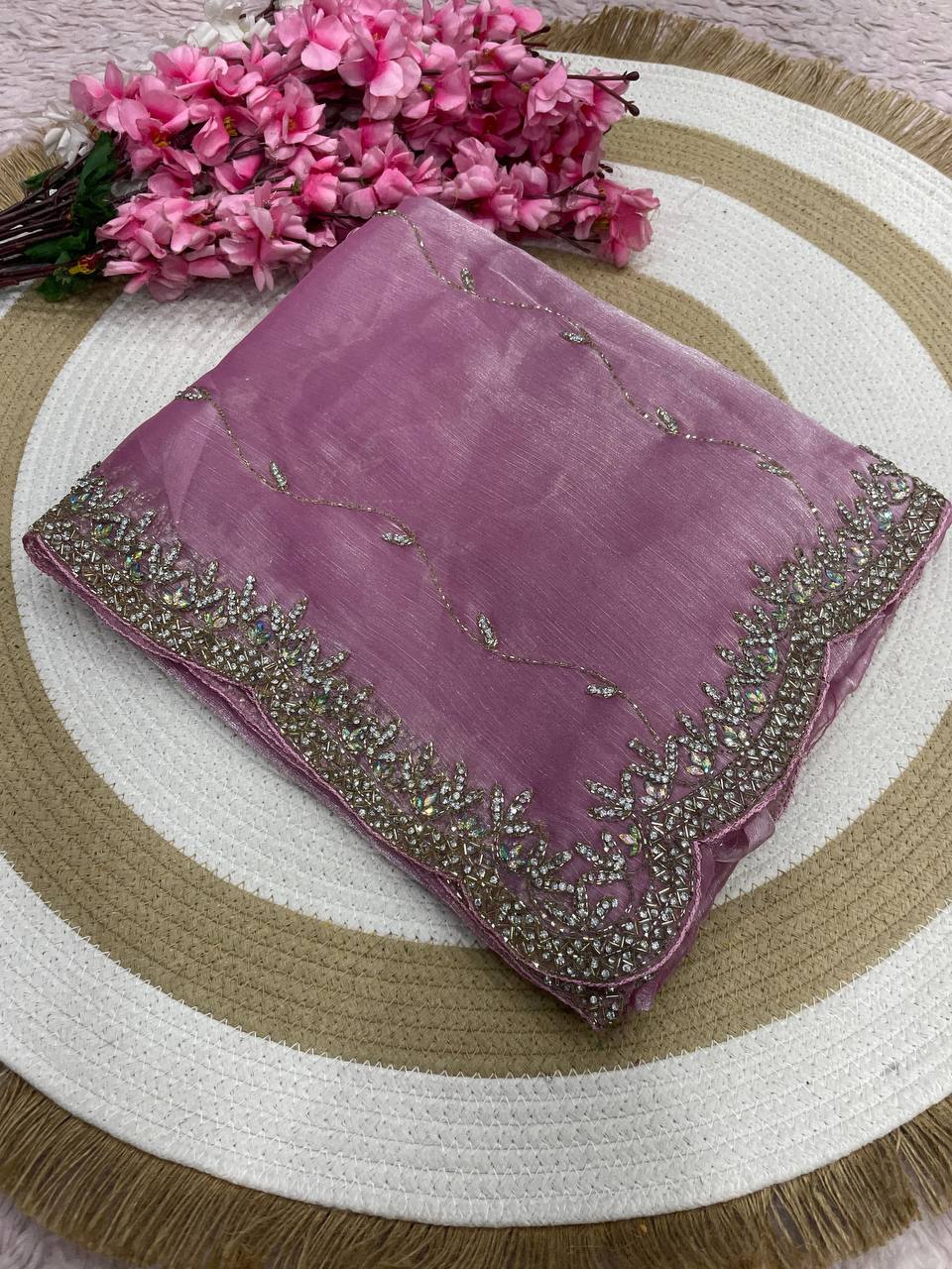 Burberry Chiffon Khatli Handwork Saree Set