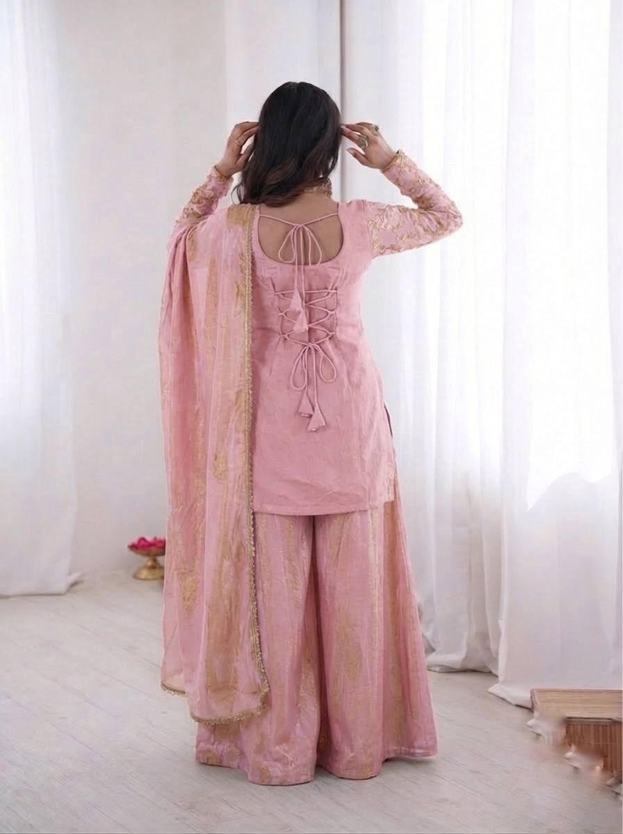 Beautiful Soft Rich Pure Fendy Silk Embroidery Sequence Work Plazzo Set
