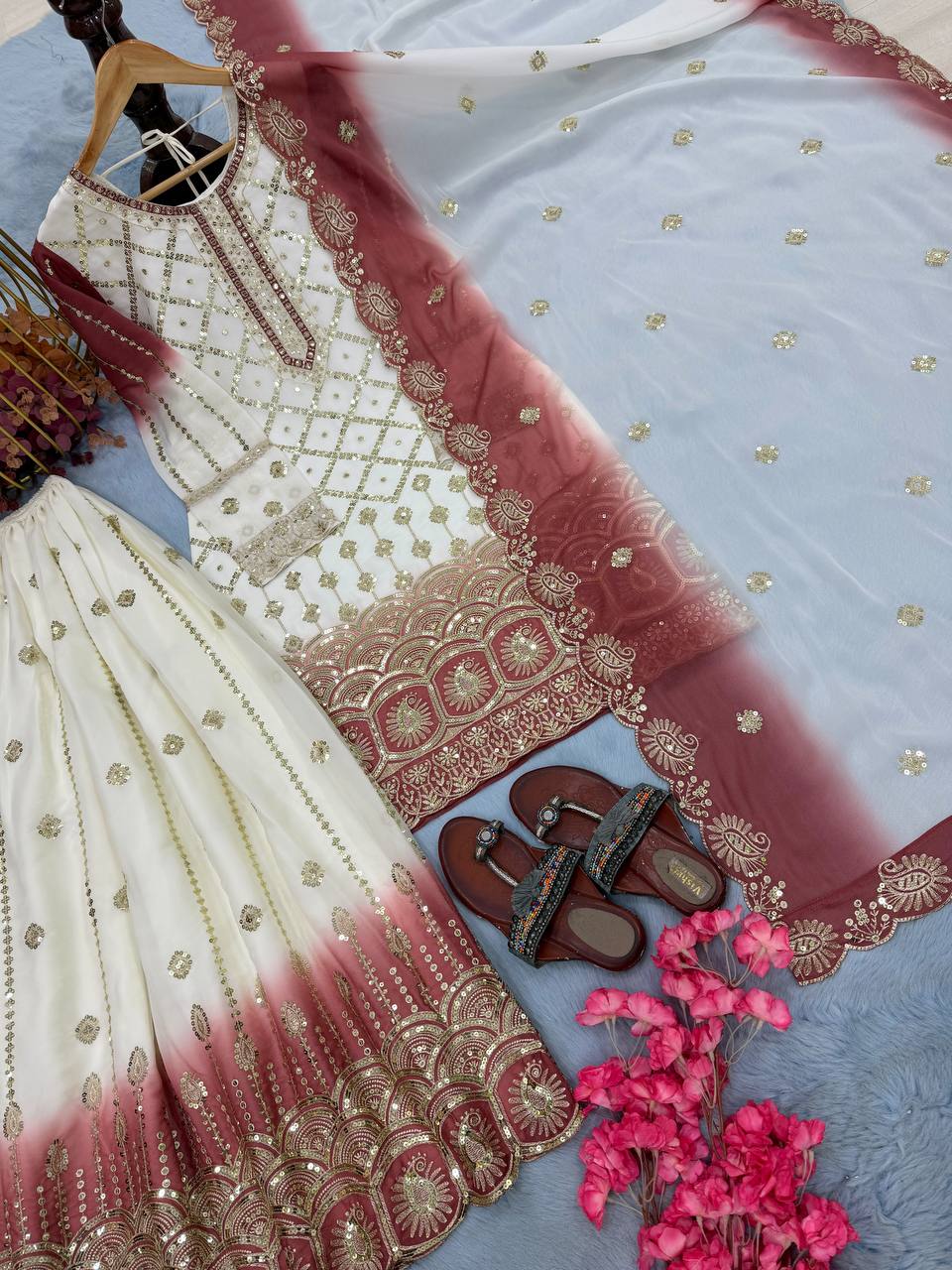 Beautiful Soft Rich Dual Tone Georgette Embroidery Sequence Work Plazzo Set