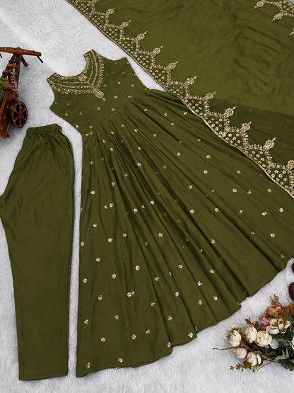 Beautiful Premium Roman Silk With Heavy Embroidery Sequence Work Gown Set