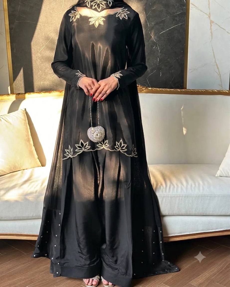 Natural Crepe Embroidered Plazzo Suit Set