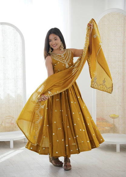 Beautiful Premium Roman Silk With Heavy Embroidery Sequence Work Gown Set
