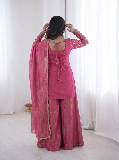 Beautiful Soft Rich Pure Fendy Silk Embroidery Sequence Work Plazzo Set