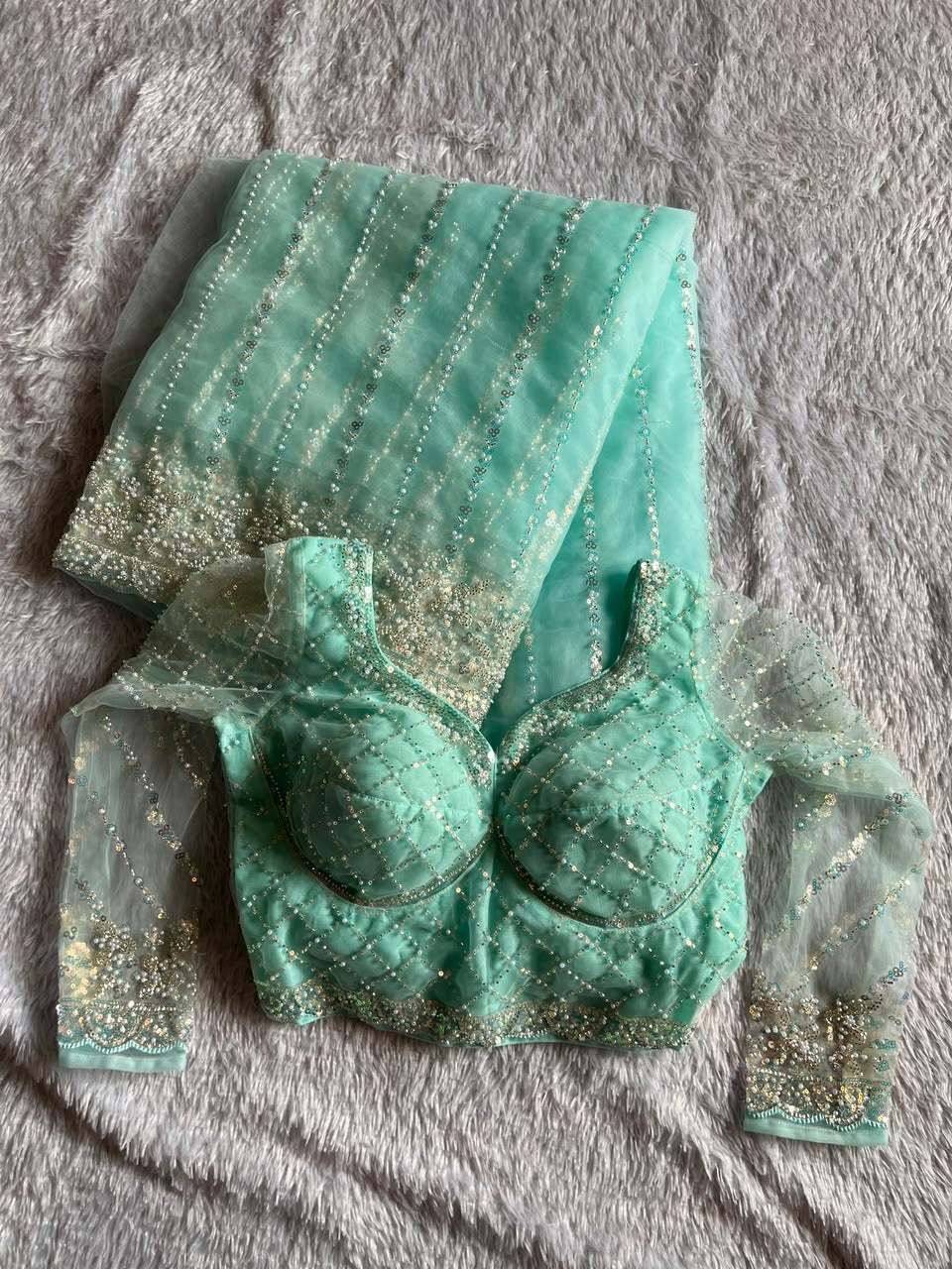 Soft Net Beads Pearl Work Saree Set