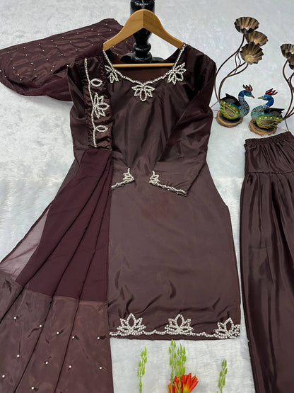 Natural Crepe Embroidered Plazzo Suit Set