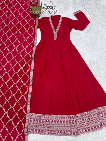 Beautifull Blooming Vichitra Silk With Fancy Lace Work Anarakali