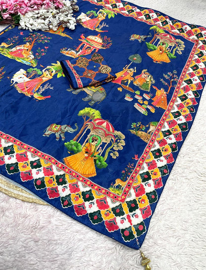 Beautiful Soft Rich Satin Silk With Digital Print & Khatli Work Saree