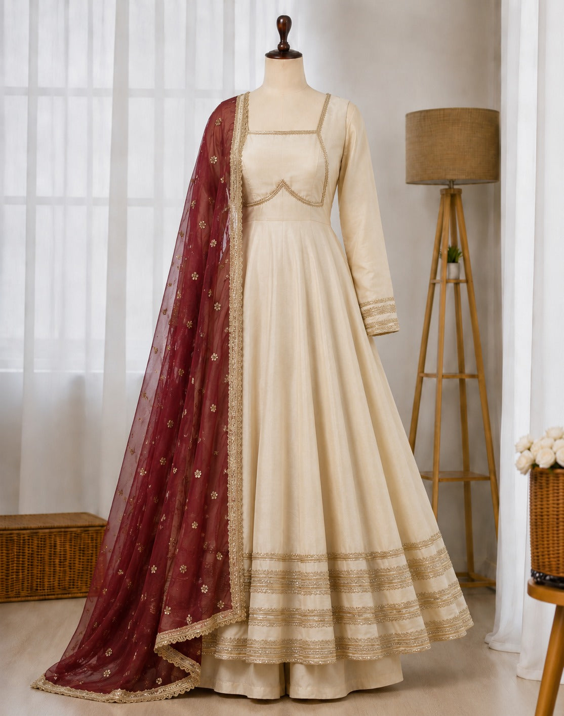 Cosmos Gold Lace Embroidered Gown Suit Set