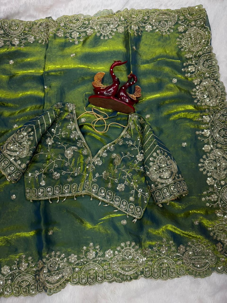 Two Tone Space Silk Embroidered Saree Set