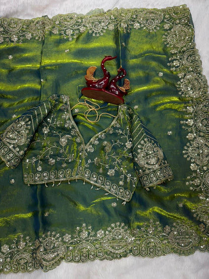 Two Tone Space Silk Embroidered Saree Set