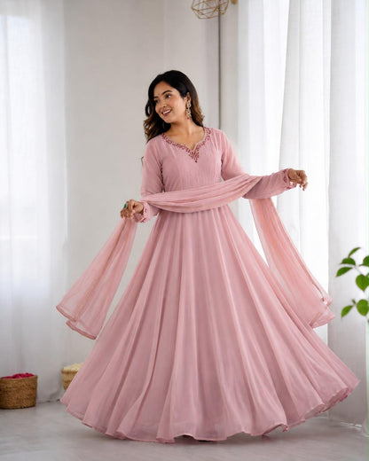 Beautiful Soft Rich Heavy Fox Georgette With Hand Work Gown Set