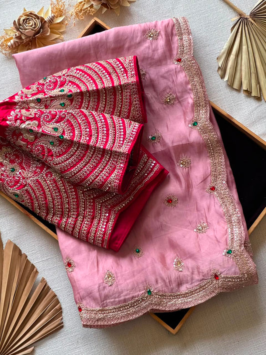 Tissue Crepe Silk Handwork Saree Set