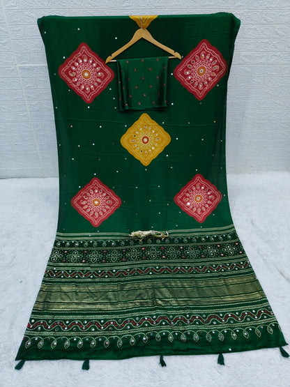 Beautiful Soft Rich Premium Japan Satin Silk With Mirror Work Saree