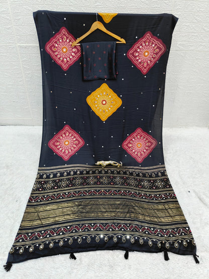 Beautiful Soft Rich Premium Japan Satin Silk With Mirror Work Saree