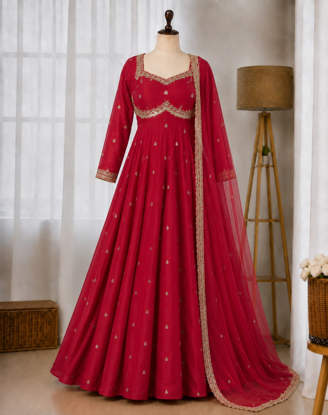 Red Color Foux Georgette Embroidery Work Gown