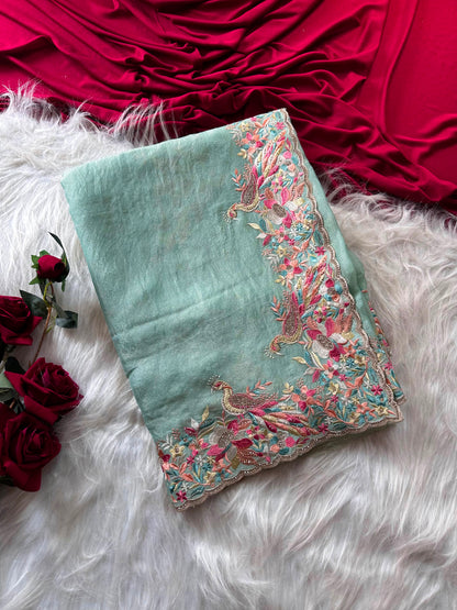 Beautiful Soft Rich Premium Moss Chiffon Silk With Multi-Color Embroidery Work Saree