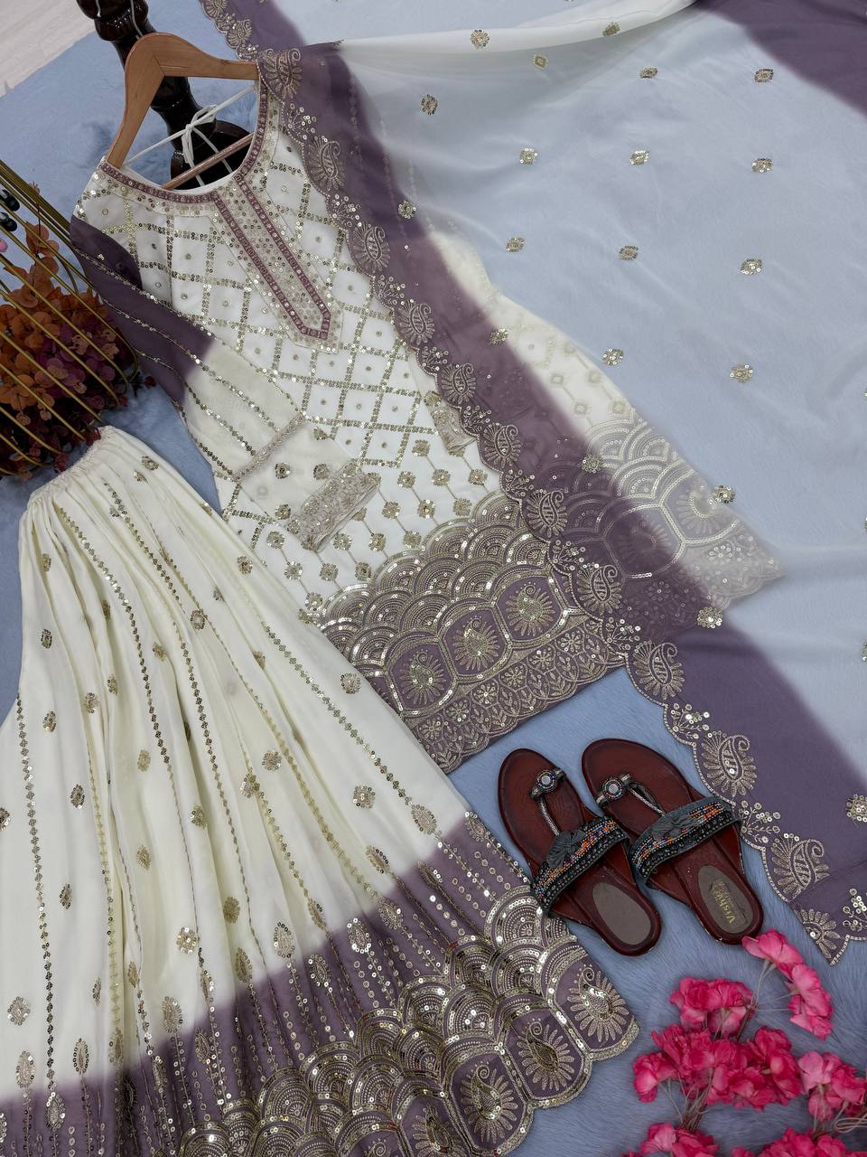 Beautiful Soft Rich Dual Tone Georgette Embroidery Sequence Work Plazzo Set