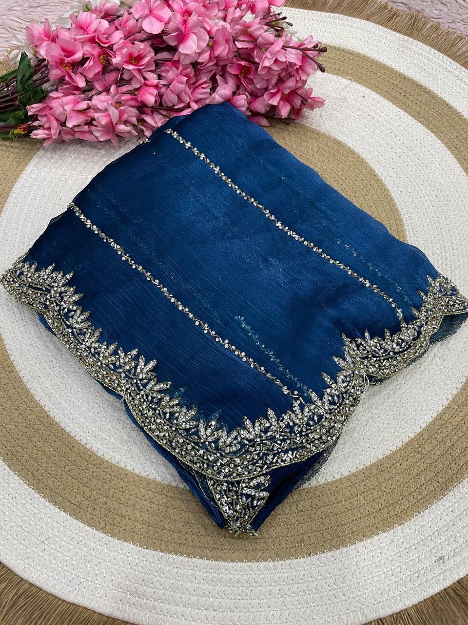Burberry Chiffon Khatli Handwork Saree Set