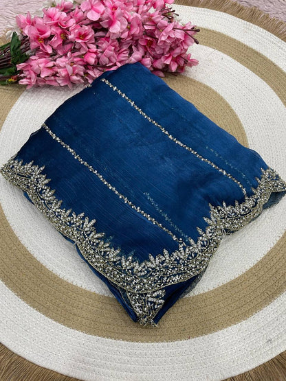Burberry Chiffon Khatli Handwork Saree Set