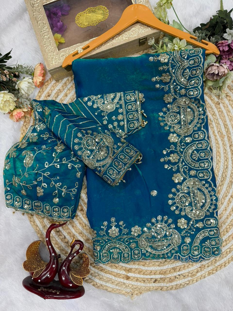 Two Tone Space Silk Embroidered Saree Set