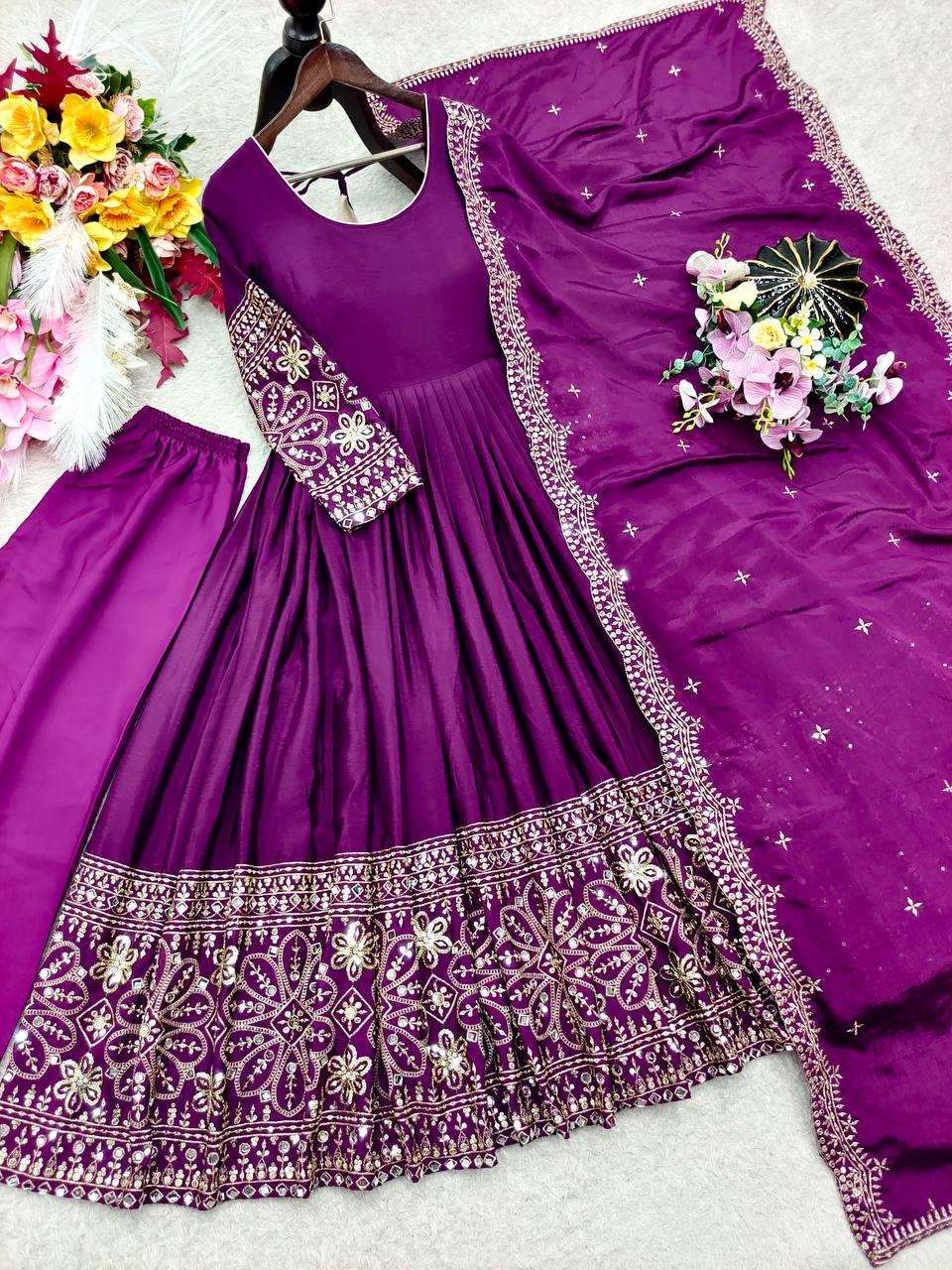 Chinon Silk 5mm Sequence Embroidery Work Gown Set