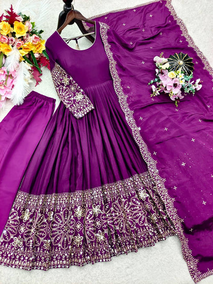Chinon Silk 5mm Sequence Embroidery Work Gown Set