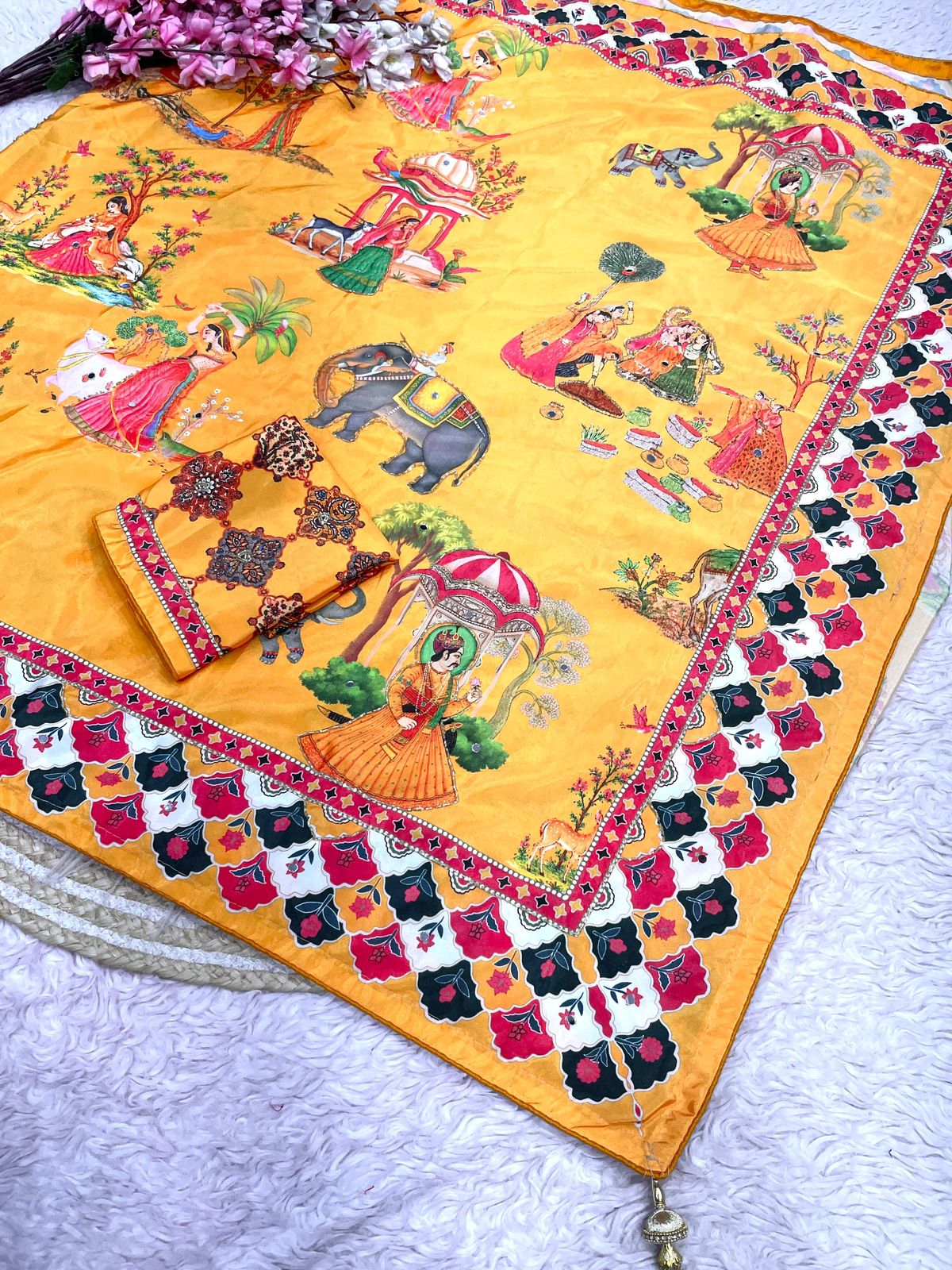 Beautiful Soft Rich Satin Silk With Digital Print & Khatli Work Saree