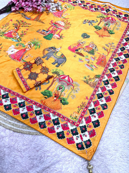Beautiful Soft Rich Satin Silk With Digital Print & Khatli Work Saree