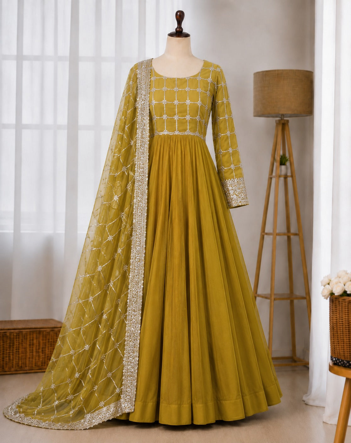 Vichitra Sequins Zari Embroidered Gown Suit Set