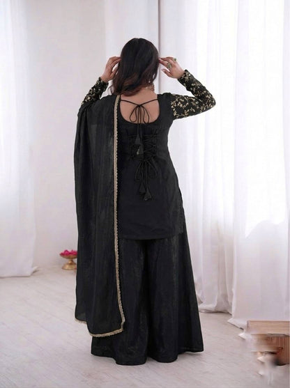 Beautiful Soft Rich Pure Fendy Silk Embroidery Sequence Work Plazzo Set