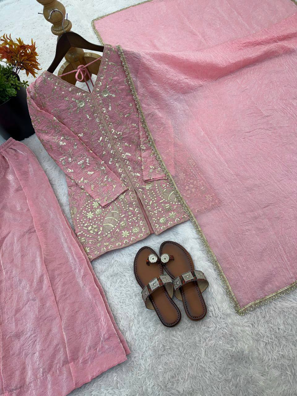 Beautiful Soft Rich Pure Fendy Silk Embroidery Sequence Work Plazzo Set