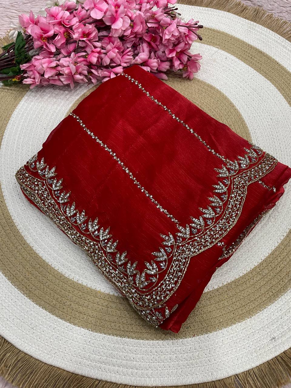 Burberry Chiffon Khatli Handwork Saree Set