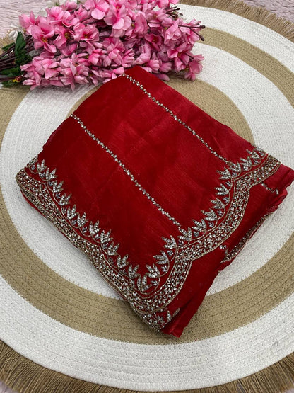 Burberry Chiffon Khatli Handwork Saree Set