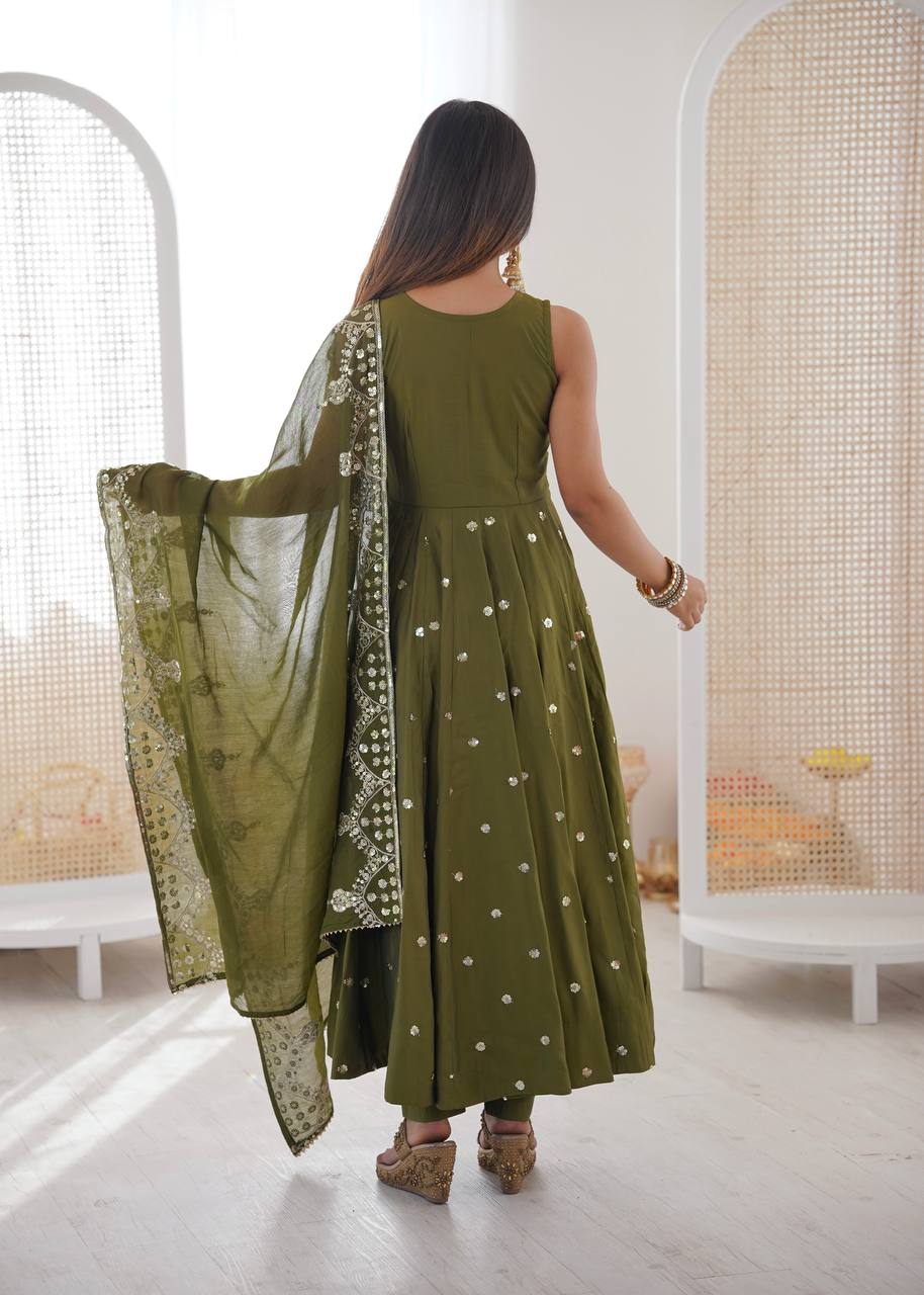 Beautiful Premium Roman Silk With Heavy Embroidery Sequence Work Gown Set