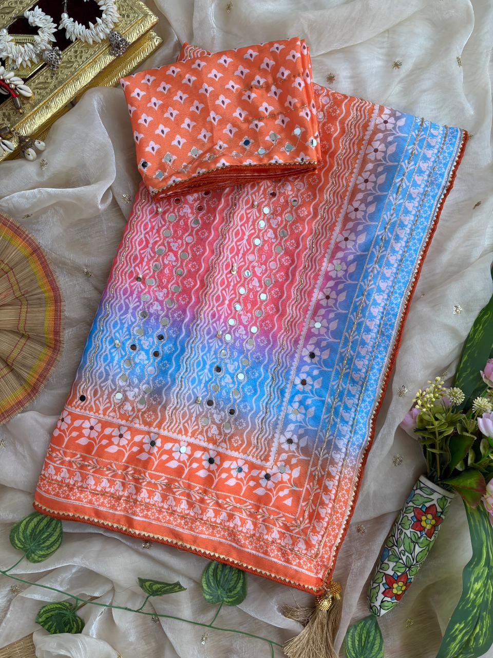 Chinon Silk Mirror Work Saree Set