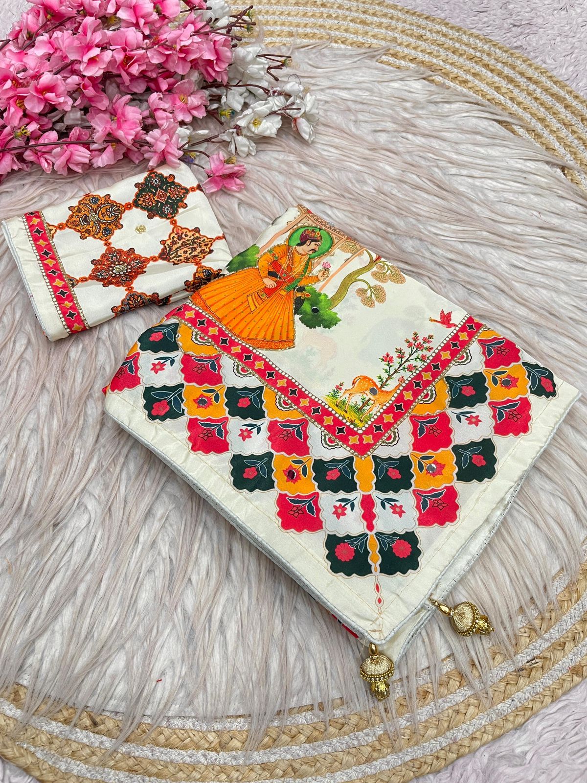 Beautiful Soft Rich Satin Silk With Digital Print & Khatli Work Saree