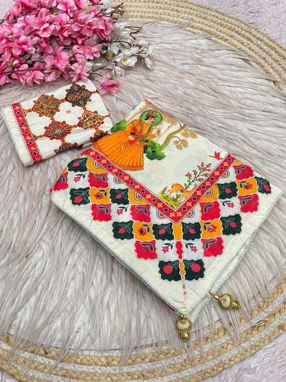 Beautiful Soft Rich Satin Silk With Digital Print & Khatli Work Saree