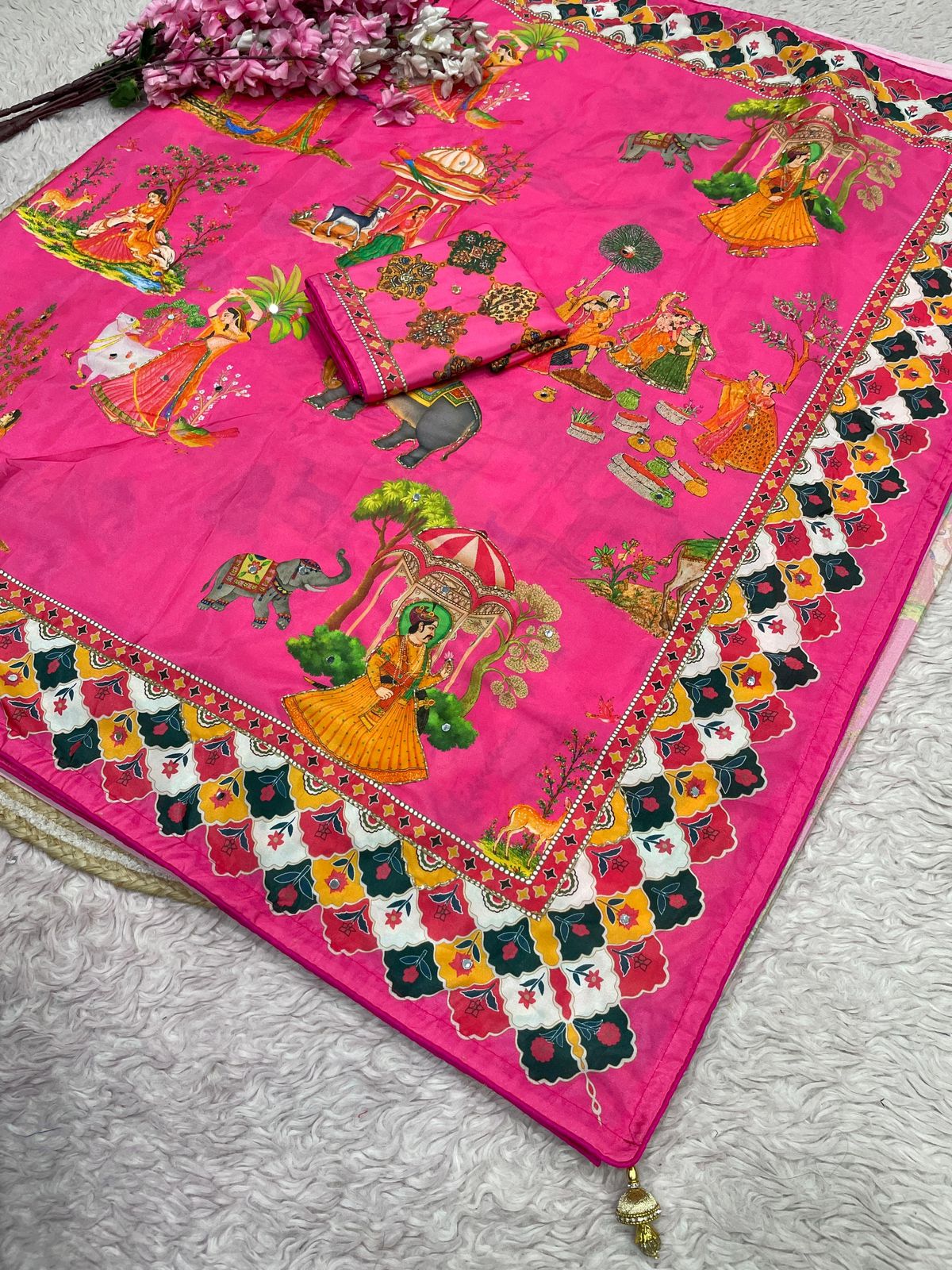Beautiful Soft Rich Satin Silk With Digital Print & Khatli Work Saree