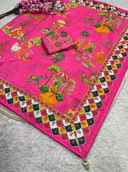 Beautiful Soft Rich Satin Silk With Digital Print & Khatli Work Saree