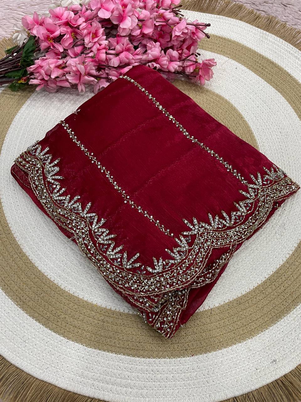 Burberry Chiffon Khatli Handwork Saree Set