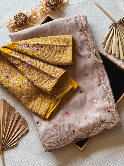 Tissue Crepe Silk Handwork Saree Set
