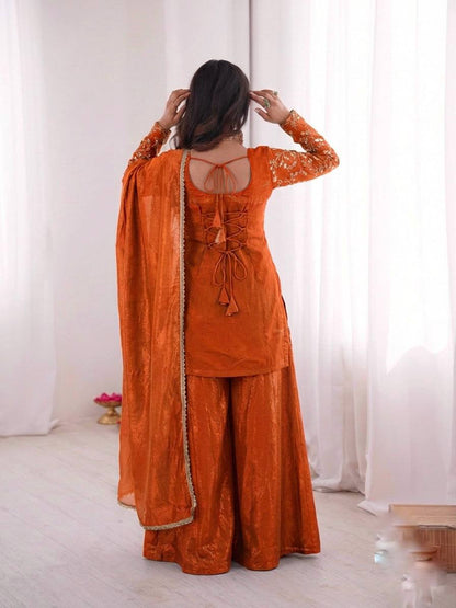 Beautiful Soft Rich Pure Fendy Silk Embroidery Sequence Work Plazzo Set