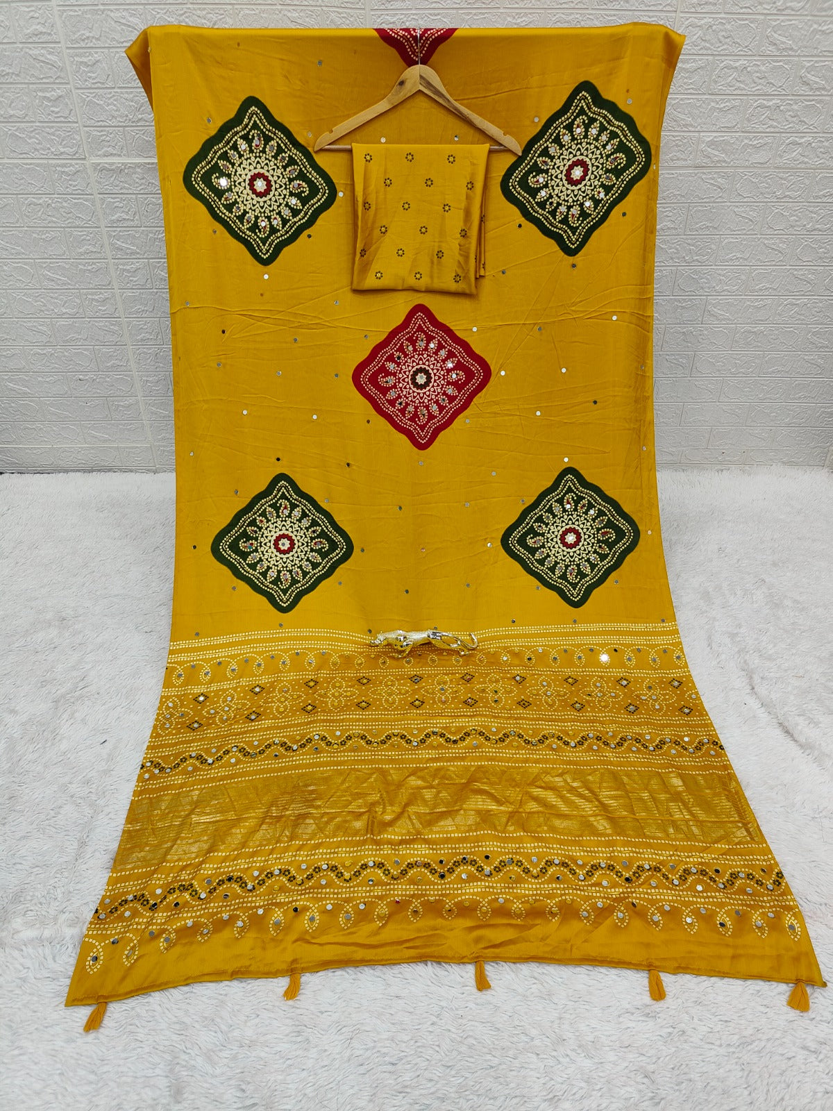 Beautiful Soft Rich Premium Japan Satin Silk With Mirror Work Saree