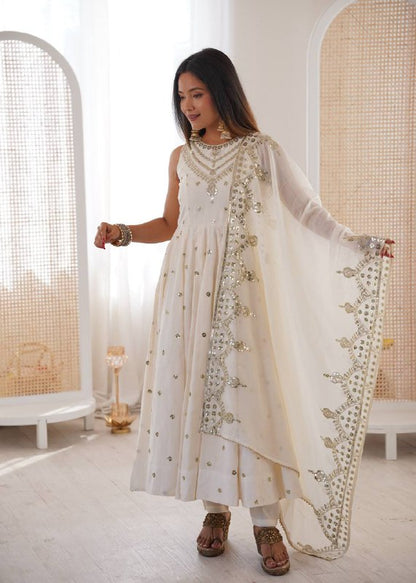 Beautiful Premium Roman Silk With Heavy Embroidery Sequence Work Gown Set